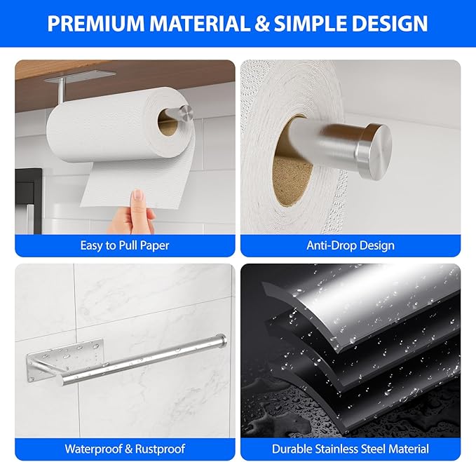Paper Towel Holder Under Cabinet, Self-Adhesive,No Drilling, Stainless Steel, Wall-Mounted for Kitchen and Bathroom, Easy Install, Durable, Space-Saving, Ideal for Home, RV (Sliver, 1 Pack) - Image 3