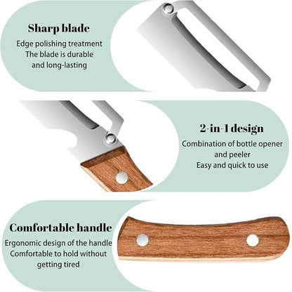 Multi-Functional Vegetable Peeler for Kitchen, Zero Snag Wooden Kitchen Tool, Thickened Wooden Handle Fruit Peeler with Woodens Handle and Bottle Opener, Kitchen Tool for Vegetables or Fruits (1 PCS)