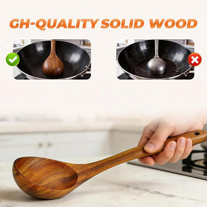 Wooden Ladle, Natural Acacia Wood Soup Spoons for Cooking, Serving, Stirring -12.9in Long, 2.5 oz Large Capacity- Premium Wooden Utensil Spoons for Mom, Wife Cooking Gifts
