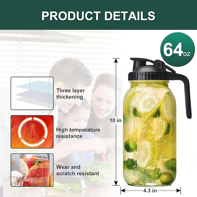 Glass Mason Jars Pitcher 64 Oz Pour Spout Lids & Handle (2 Pack) Wide Mouth Airtight Leak Proof Fridge Breast Milk Pitcher With Top Flip Cap 2 Quart Water Jug For Cold Brew Coffee, Iced Tea, - Image 2