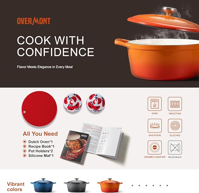Overmont Enameled Cast Iron Dutch Oven - 5.5QT Pot with Wide Handles Lid Cookbook & Cotton Potholders - Heavy-Duty Pre-Seasoned Cookware Oven Safe to 500°F for Braising, Stews, Roasting, Sourdough Baking - Image 6