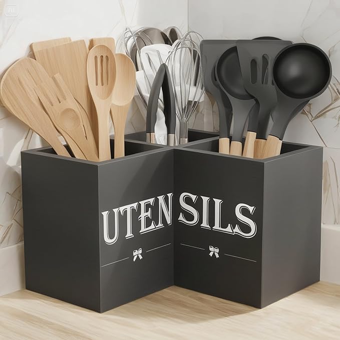 Suli Extra Large Kitchen Utensils Holder with 3 Compartments,Corner Utensil Caddy for Countertop,Wooden Utensil Organizer for Kitchen Countertop, Farmhouse Decor- Black - Image 3
