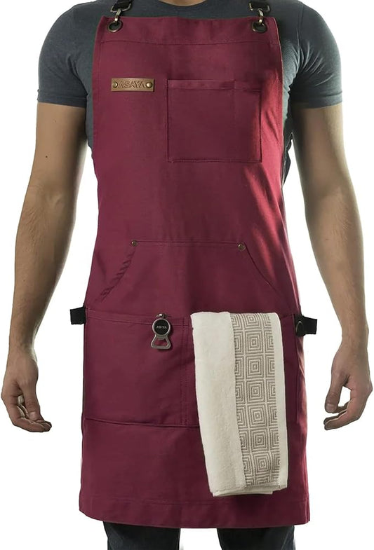 Asaya Chef and BBQ Apron with Bottle Opener and Hand Towel - 10oz Cotton Canvas, Stainless Steel Hardware - Cross Back Straps by AsayaChefProducts