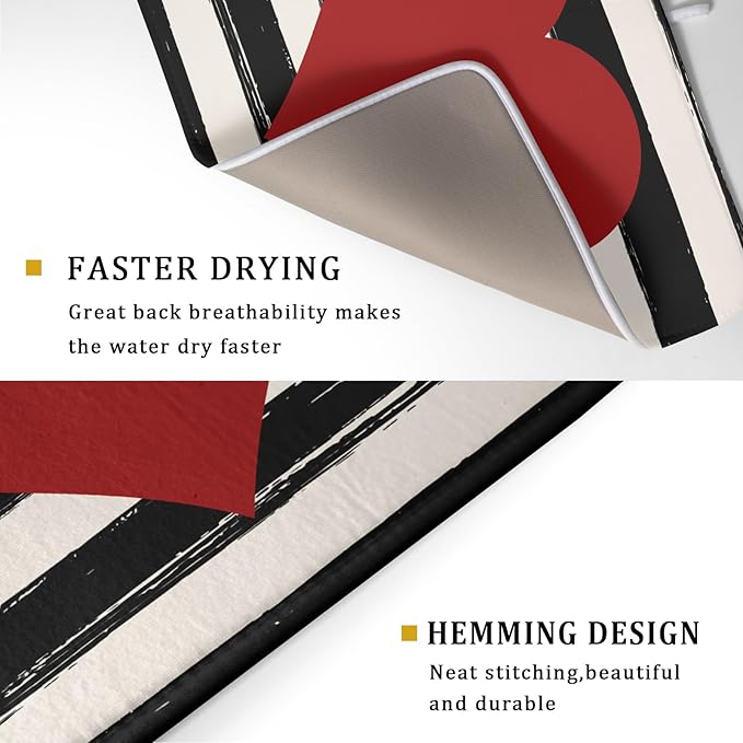 Valentine's Day Dish Drying Mat for Kitchen Counter Black Plaid Heart Microfiber Absorbent Dish Draining Reusable Washable Foldable Extra Large 18"x24" - Image 3