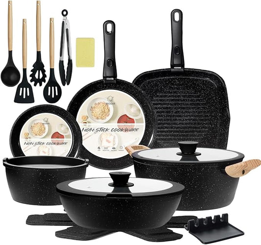 BECIGAR 23pcs Ceramic Pots and Pans Set, Nonstick Detachable Handle Cookware, Induction Kitchen Cooking Set with Removable Handle,include Frying Pans & Saucepans Oven Safe (Black) by BecigarCookware