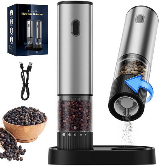 Electric Salt and Pepper Grinder Set, USB Rechargeable Salt and Pepper Shaker with LED Light, Stainless Steel Adjustable Automatic Pepper Mill for Kitchen, Dining