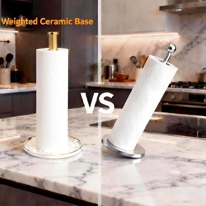 Paper Towel Holder Countertop,Kitchen Paper Towels Holder with Weighted Ceramic Base, Golden Paper Towel Holders for Standard and Large Size Rolls - Image 4
