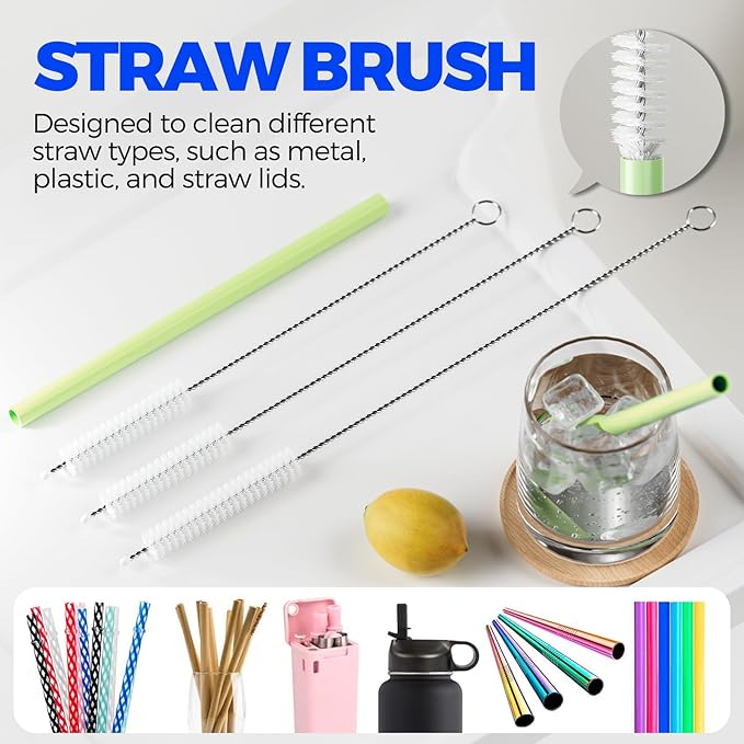 6 Pack Holikme 4 in 1 Cup Lid Cleaning Brush Set with 3 Straws, Multifunctional Bottle Brush, Silicone Cup Lid Gap Cleaner, Durable Bristle Crevice Cleaning Brush, Olive - Image 5