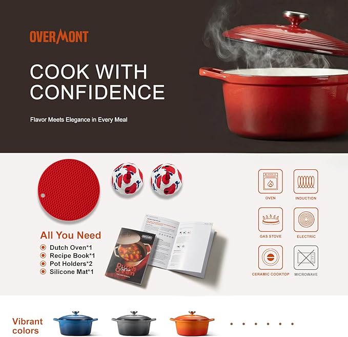Overmont Enameled Cast Iron Dutch Oven - 5.5QT Pot with Wide Handles Lid Cookbook & Cotton Potholders - Heavy-Duty Pre-Seasoned Cookware Oven Safe to 500°F for Braising, Stews, Roasting, Sourdough Baking - Image 6