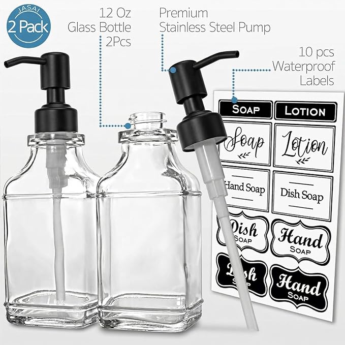 JASAI 2Pack Glass Soap Dispenser with Black Rust Proof Pump, Refillable Dish Soap Dispenser with for Kitchen and Bathroom. - Image 3