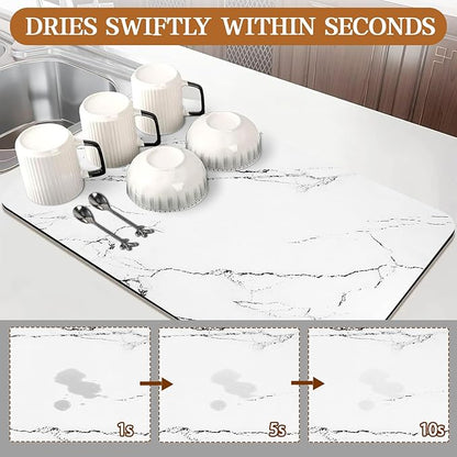 White Dish Drying Mat, 24"x16" Dish Draining Mat with Non-slip Rubber Backed, Absorbent Heat Resistant Dish Drying Mats for Kitchen Counter, Easy to Clean Coffee Machine Mats (White)