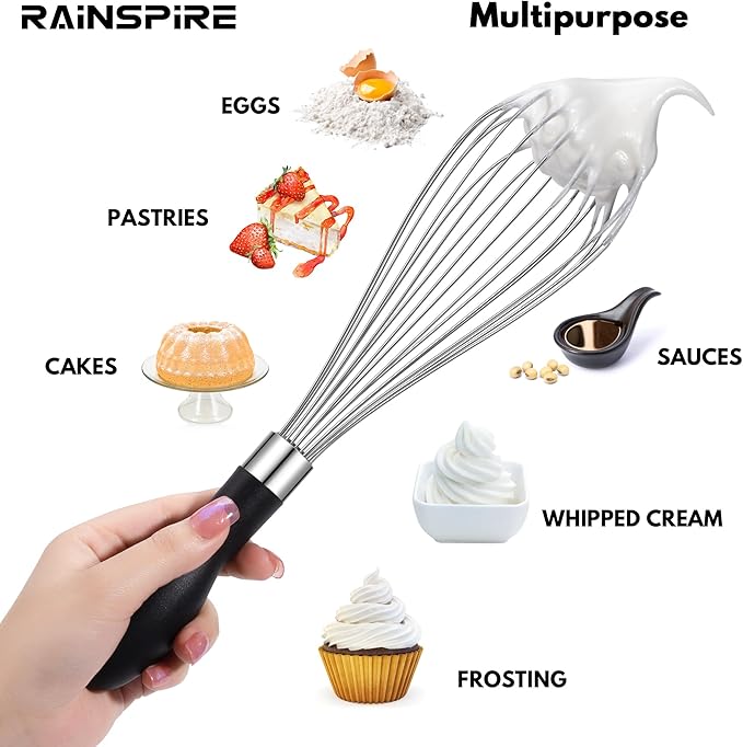 Rainspire 12-Inch Wire Whisk Stainless Steel, Balloon Whisks for Cooking, Wisk Wisking Tool With Soft Silicone Handle, Thick Durable Whisker for Blending, Beating, Whisking, Stirring, Black - Image 5