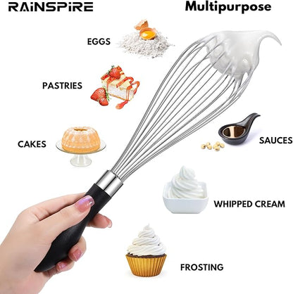 Rainspire 12-Inch Wire Whisk Stainless Steel, Balloon Whisks for Cooking, Wisk Wisking Tool With Soft Silicone Handle, Thick Durable Whisker for Blending, Beating, Whisking, Stirring, Black - Image 5
