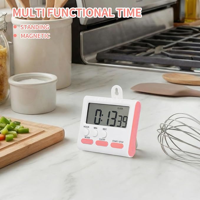 Mudder 3 Pack Digital Kitchen Timer for Cooking, Large Digits, 24 Hour Magnetic Backing Stand Kitchen Timers Clock for Classroom Kids Teachers, Loud Alarm and Large Screen (Pink) - Image 4