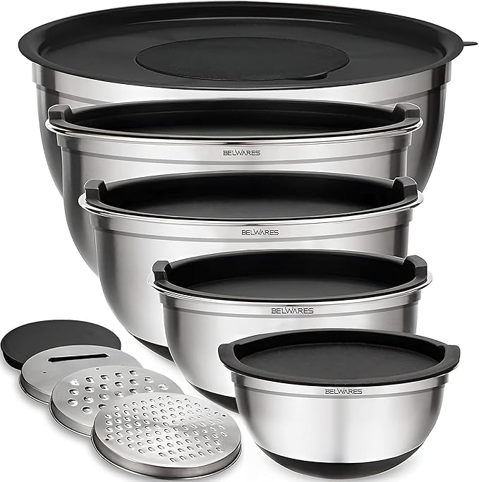 Belwares Mixing Bowls with Lids Set of 5 - Stainless Steel Mixing Bowl Set, Kitchen Nesting Metal Bowls with Non Slip Bottoms + 3 Grater Attachments, Airtight Lids, Food Prep + Storage, Matte Black by Belwares