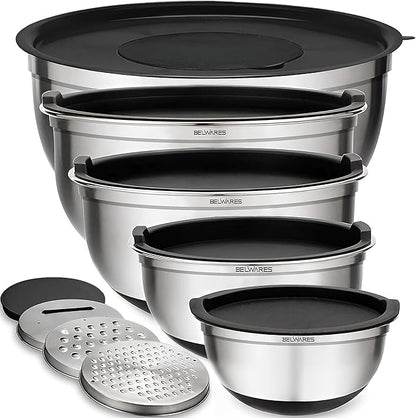 Belwares Mixing Bowls with Lids Set of 5 - Stainless Steel Mixing Bowl Set, Kitchen Nesting Metal Bowls with Non Slip Bottoms + 3 Grater Attachments, Airtight Lids, Food Prep + Storage, Matte Black by Belwares