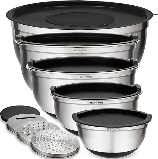 Belwares Mixing Bowls with Lids Set of 5 - Stainless Steel Mixing Bowl Set, Kitchen Nesting Metal Bowls with Non Slip Bottoms + 3 Grater Attachments, Airtight Lids, Food Prep + Storage, Matte Black by Belwares