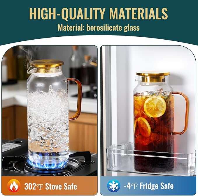 2 Pack 2 Liter/68 oz Glass Pitcher with Lid, Water Pitchers with Handle for Fridge, Large Jug for Iced Tea, Coffee, Borosilicate Glass Carafe for Hot/Cold Brew Drink and Homemade Beverage, Gold - Image 4