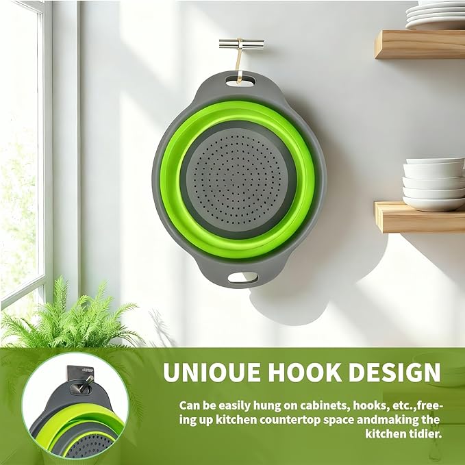 Silicone Colander Collapsible Strainers Set for Kitchen- 2 Pack (5Qt) -Over Home Draining Basket, Food Vegetables & Fruits-Dishwasher Safe, Space Saving Design (Greeen) - Image 7