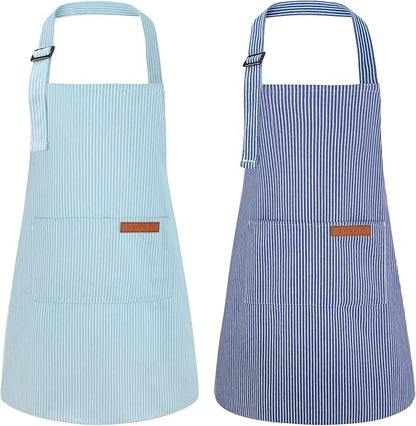 2 Pack Stripes Kids Apron, Kids Cooking Aprons with 2 Pockets, Cute Aprons for Cooking for Boys and Girls