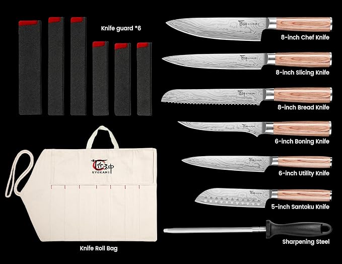 SYOKAMI 14pcs Chef Knife Set with Roll Bag, Professional Stainless Steel Japanese Knife Set with Pakkawood Handle for Professional Chef, Camping, Travel, BBQ, RV or Gift Beige