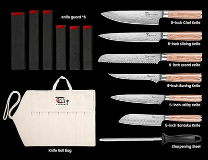 SYOKAMI 14pcs Chef Knife Set with Roll Bag, Professional Stainless Steel Japanese Knife Set with Pakkawood Handle for Professional Chef, Camping, Travel, BBQ, RV or Gift Beige