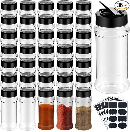 Ysglory 36 Pack 3 Oz Plastic Spice Jars Bottles Empty Seasoning Bottles Containers Small Clear Spice Shaker and Stickers with Black Cap for Storing Spices, Salt, Herbs by Ysglory