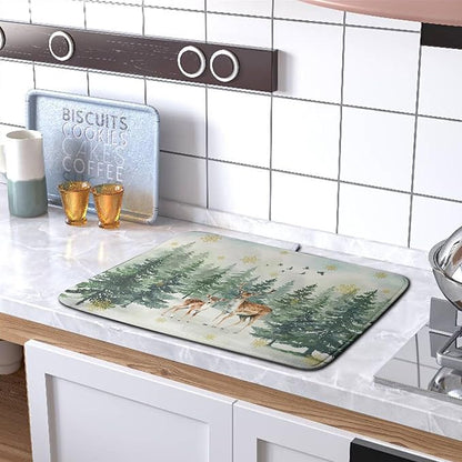 Reindeer Tree Snowflakes Christmas Dish Drying Mats for Kitchen Counter 18x24 Inch Winter Forest Dish Drainer Mats Absorbent Reversible Dish Draining Microfiber Dishes Drying Pad - Image 5