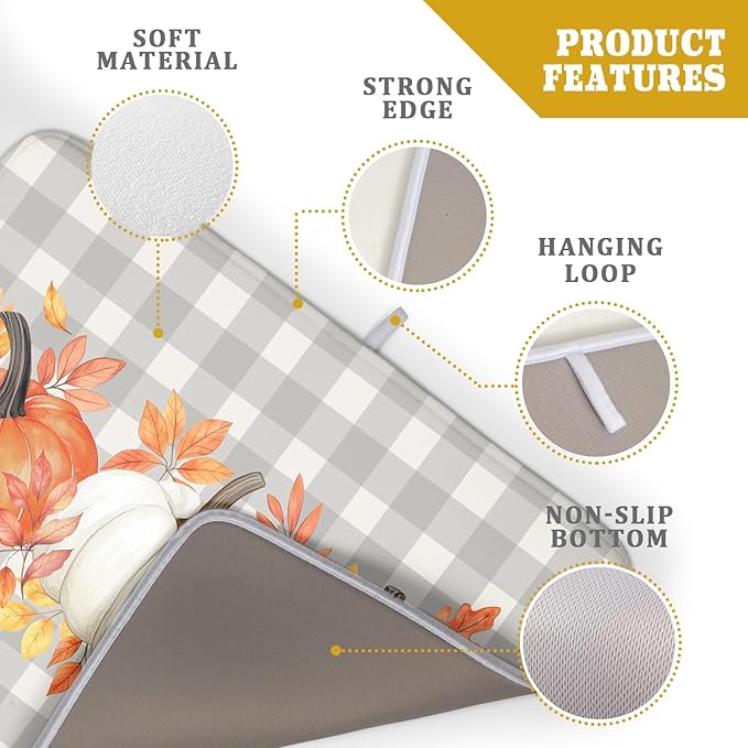 Fall Dish Drying Mat for Kitchen Counter Autumn Orange White Pumpkins Festival Microfiber Absorbent Dish Draining Reusable Washable Foldable Extra Large 18"x24" - Image 4