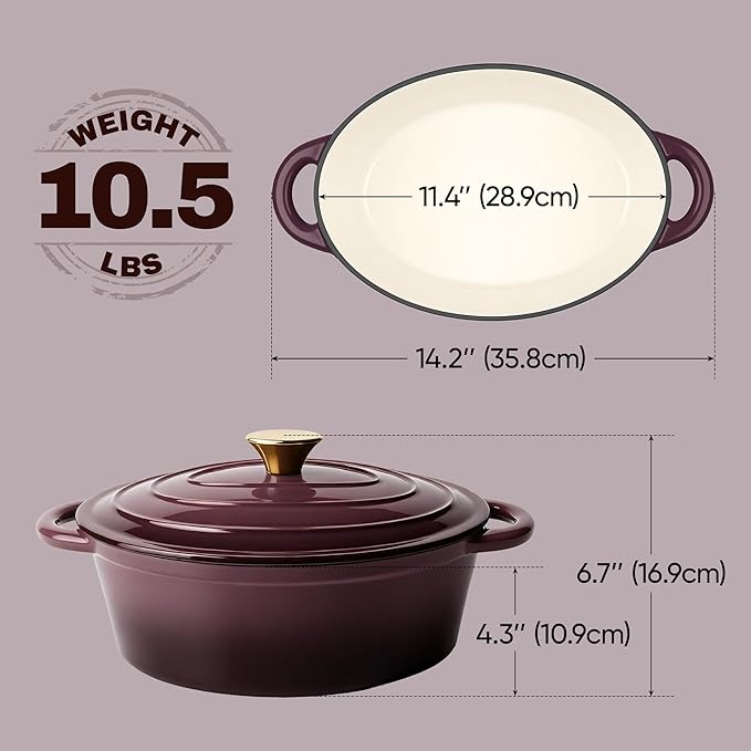Vintage Style Oval Dutch Oven for Bread Baking, 4.5 Quart Non Stick Enameled Cast Iron Dutch Oven Pot with Lid, Oven Safe Oval Casserole with Lid up to 500°F for Baking, Braising, Stews, Roasting, Fig - Image 5
