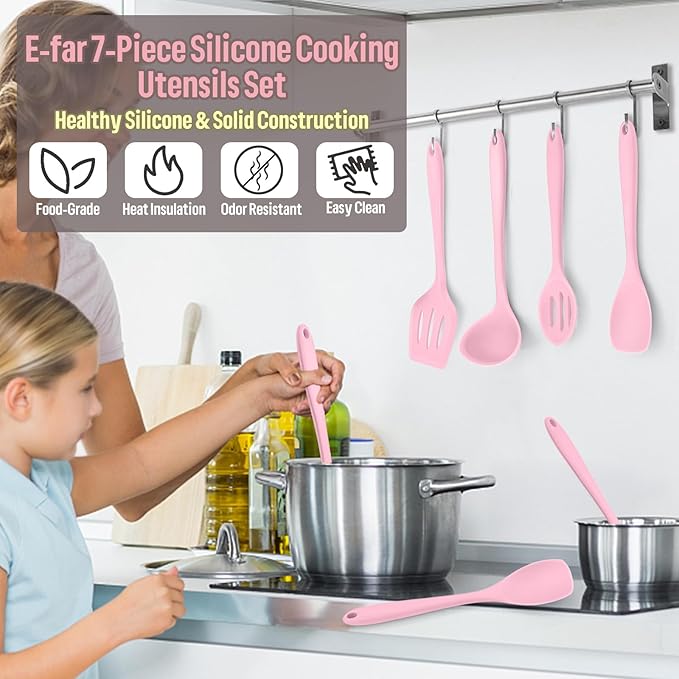 E-far Silicone Cooking Utensils Set, 7-Piece Pink Heat Resistant Kitchen Utensils Set, Kitchen Nonstick Tools Spatula Ladle Spoon Pasta Server for Non-stick Cookware, Non-Toxic & Dishwasher safe - Image 7