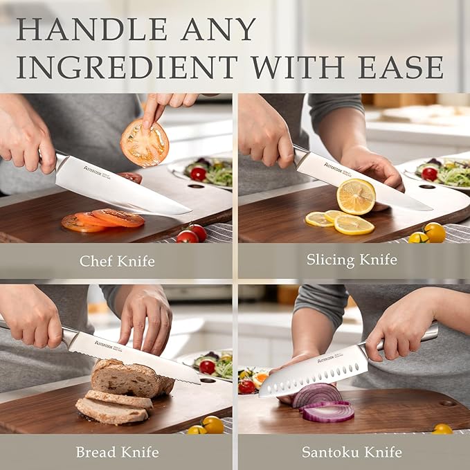 Astercook Knife Set, Kitchen Knives Set with Block and Sharpener Full Tang 15 Pcs Premium Stainless Steel Knives, Dishwasher Safe Knife Set with Anti-slip Ergonomic Handle, Black, Mothers Day Gifts - Image 8