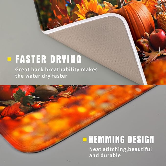 Fall Harvest Pumpkin Dish Drying Mat for Kitchen Counter,Thanksgiving Maple Leaves Sunflower Drying Mat 16 x 18 Inch with Absorbent Reversible Microfiber Dish Drying Pad for Coffee Bar - Image 3