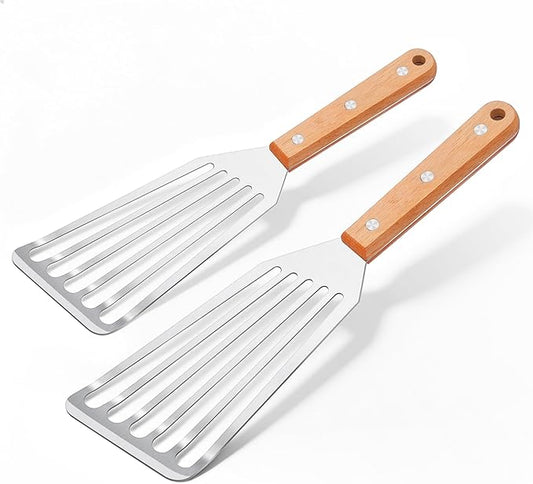 Joyfair Fish Spatula Metal Spatulas (Large & Small), 2 Pcs Stainless Steel Cooking Utensils Barbecue Turner for Flipping Turning, Kitchen Slotted Turners & Outdoor Griddle Accessories (Wooden Handle) by Joyfair