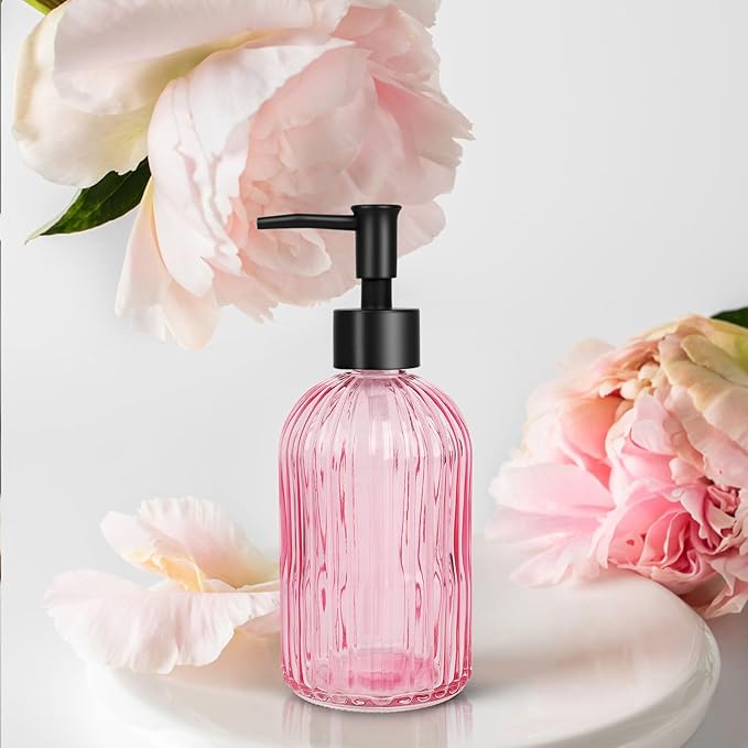 Topsky Stripe Glass Soap Dispenser with Black Plastic Pump, 400ml Liquid Hand Soap Dispenser, Rustproof Pump for Kitchen & Bathroom, Great for Lotions, Essential Oil, Liquid Soaps-Pink - Image 2