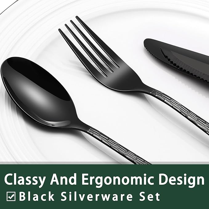 EWFEN 24-Piece Black Silverware Set with Steak Knives, Black Flatware Set for 4, Food-Grade Stainless Steel Tableware Cutlery Set, Mirror Finished Utensil Sets for Home Restaurant, Tree Pattern - Image 3