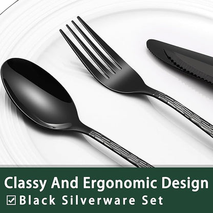 EWFEN 24-Piece Black Silverware Set with Steak Knives, Black Flatware Set for 4, Food-Grade Stainless Steel Tableware Cutlery Set, Mirror Finished Utensil Sets for Home Restaurant, Tree Pattern - Image 3