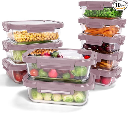 10-Pack Glass Food Storage Containers with Tempered Lids – Borosilicate, Airtight, Oven-Safe (-4°F~950°F), BPA-Free, 4.4 & 1.6 Cup, Leak-Proof, Dishwasher Safe (Pink) by BOROHOUSE