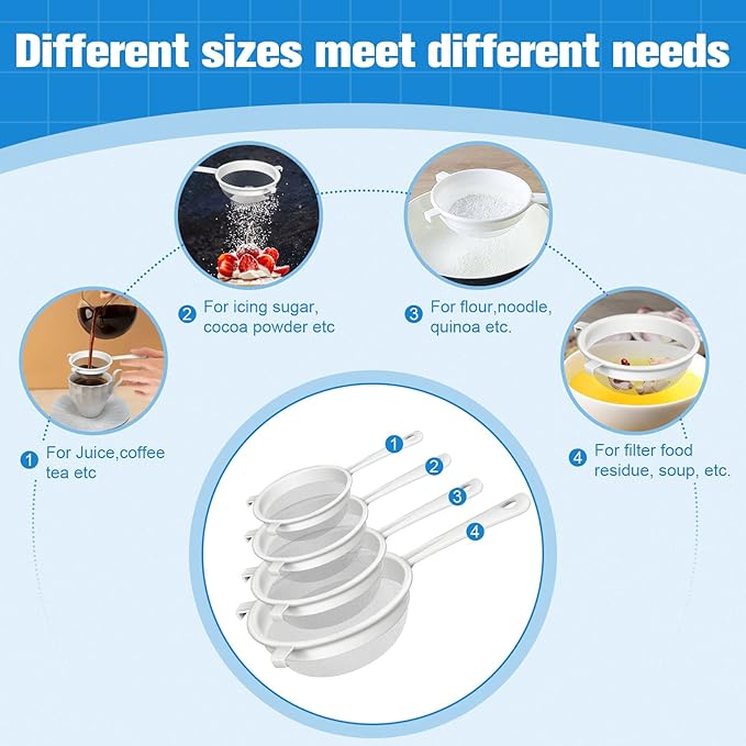 4 Pcs Plastic Nylon Fine Mesh Kefir Strainer Set with Handle, Sieve Fine Mesh Colander Flour Sifter for Yogurt Baking Kitchen Kefir Tea Juice Pasta
