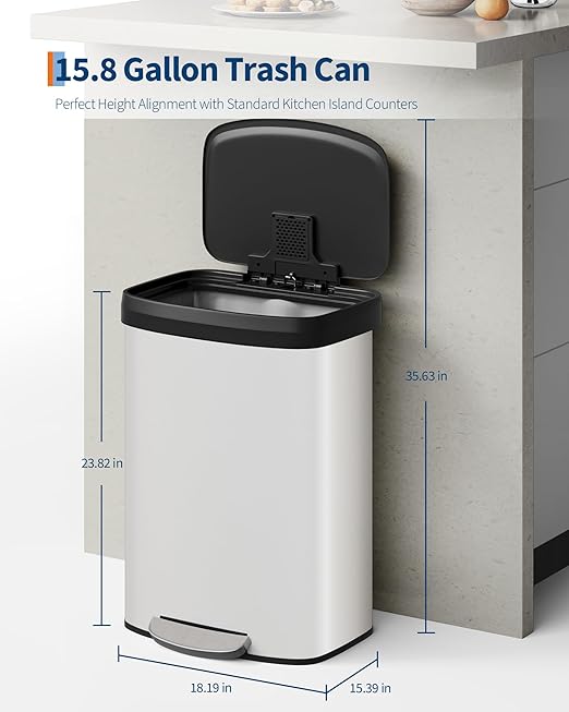 Garvee 16 gal / 60 L Metal Trash Can with Lid, Large Garbage Can for Kitchen, Rustproof Step-on Kitchen Metal Trash Bin with Liner Rim, Rear Handle, Soft Close Plastic Lid, White - Image 2