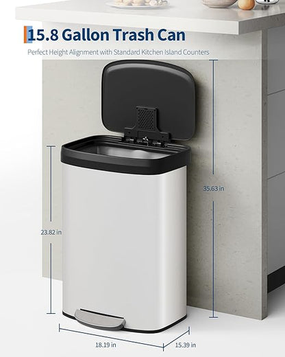 Garvee 16 gal / 60 L Metal Trash Can with Lid, Large Garbage Can for Kitchen, Rustproof Step-on Kitchen Metal Trash Bin with Liner Rim, Rear Handle, Soft Close Plastic Lid, White - Image 2