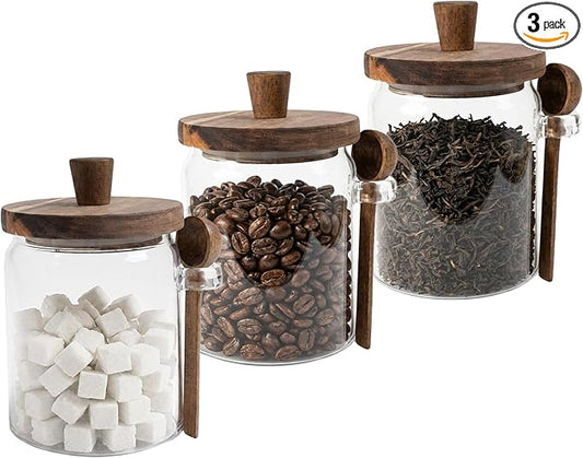 Set of 3 Glass Jars Containers with Wooden Lids and Scoop Clear Canister Jars Set with Spoon for Kitchen Food Storage Coffee Tea Sugar Decorative Countertop Organization Jars 31 oz (3) by Piscepio