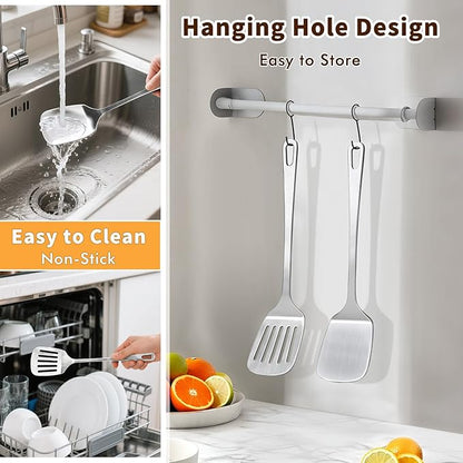 Stainless Steel Spatula, Metal Spatula Solid Turner, Heavy Duty Sturdy Spatulas for Kitchen Use, High Heat Resistant Cooking Utensils for Fish Eggs Pancakes, Dishwasher Safe, Easy to Clean, Silver - Image 5