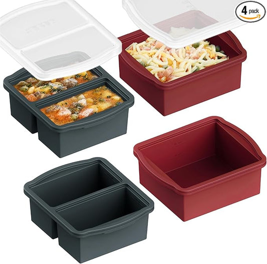 ZIP STANDING Silicone Freezer Trays with Lids, Set of 4 - with 1cup and 2 cup Silicone Freezer Molds for freezing soups, sauces and individual microwave safe
