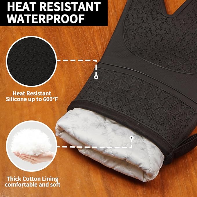 Hovico Silicone Oven Mitts, Heat Resistant 500F Kitchen Mitts 2PCS, 11.6" BPA-Free Soft Baking Gloves, Non-Slip Grip Oven Gloves with Soft Cotton Lining for Kitchen Cooking Baking BBQ - Black - Image 3