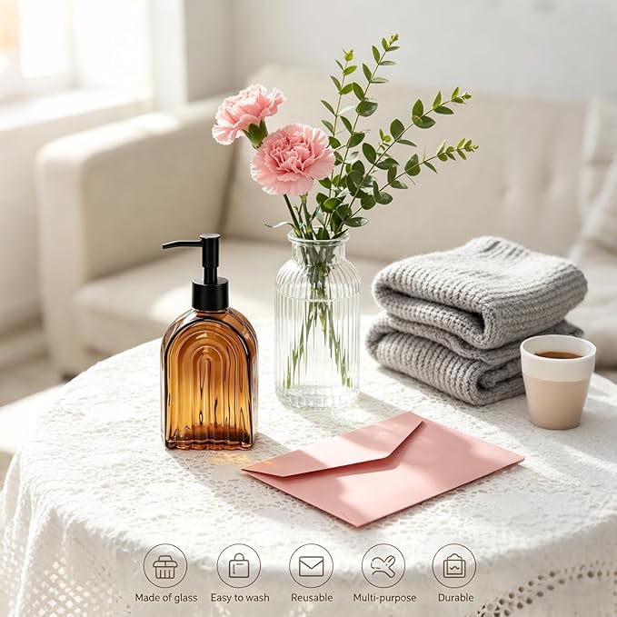 Amber Glass Soap Dispenser with Plastic Pump, 13.5Oz Refillable Liquid Farmhouse Soap Dispenser for Hand and Dish Set for Bathroom Countertop Decor