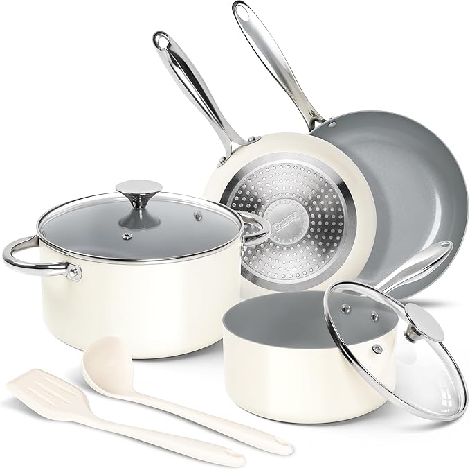 MICHELANGELO Pots and Pans Set Non Stick - Titanium Cookware Set Non Toxic Ceramic Coating, 8-Pcs Nonstick Pots and Pans with Ergonomic Handle, Dishwasher Safe & Induction Compatible, Cream by Michelangelo