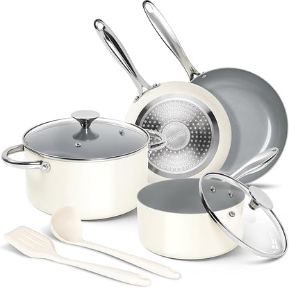 MICHELANGELO Pots and Pans Set Non Stick - Titanium Cookware Set Non Toxic Ceramic Coating, 8-Pcs Nonstick Pots and Pans with Ergonomic Handle, Dishwasher Safe & Induction Compatible, Cream by Michelangelo
