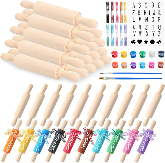 DoubleFill 30 Pack Mini Rolling Pin for Crafts, Small Wooden Dough Rollers with Plaid Ribbon Paint Brush Template Cards for New Year, Spring Party Presents, Tray Decorative, Kitchen Baking(5 Inches)