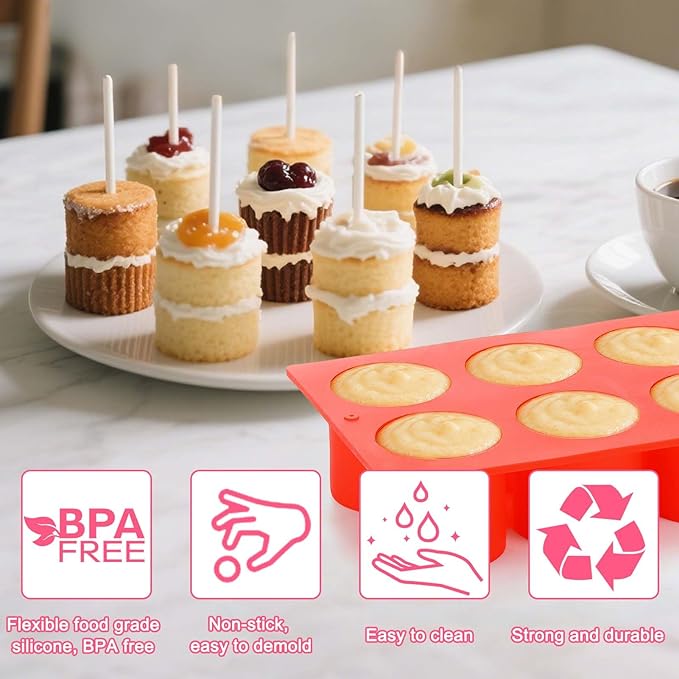 Juome Circle Cake Pop Mold Kit, 8 Cavities Cakesicle Molds Silicone with 50 Sticks & 50 Packaging Bags, Round Cake Pop Maker Supplies Accessories, Baking Tools for Home Baking Desserts - Image 6